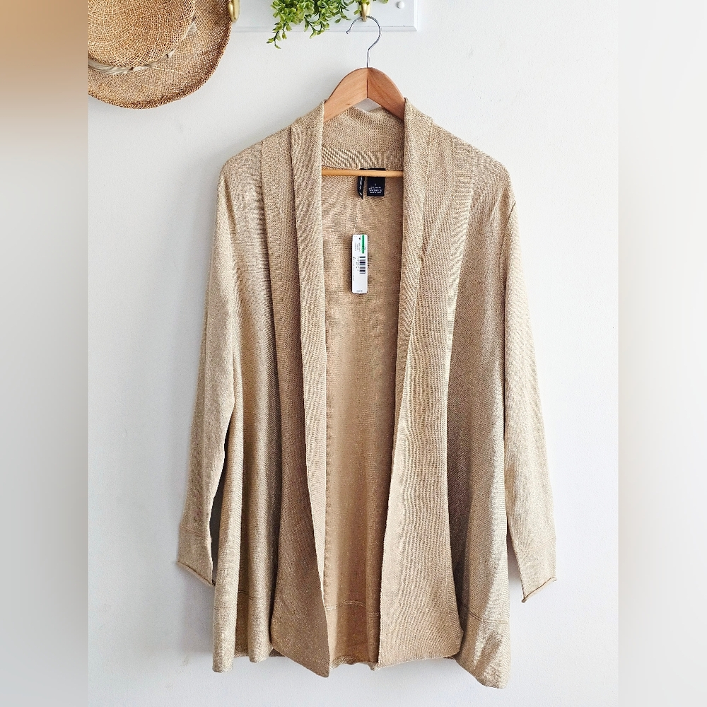 NWT New Directions Gold Shimmer Open Front Cardigan Size L Metallic Sweater